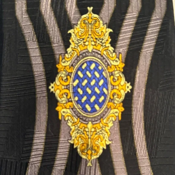 SONIA RYKIEL HOMME Black Tan Striped Silk Tie Gold Crest Emblem luxury designer